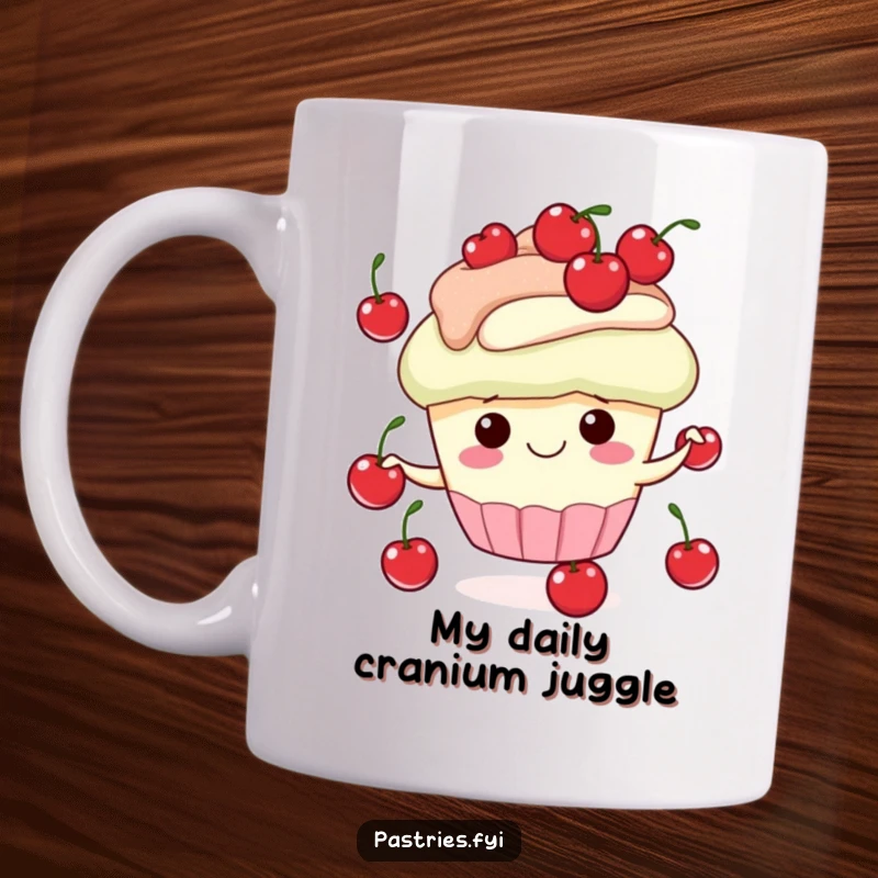 Funny mug with a gleeful cupcake character smiling brightly while juggling small red cherries, symbolizing joy and playful energy.