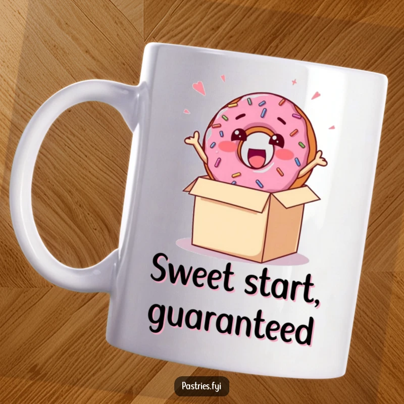 Funny mug featuring a cheerful donut character with sprinkles excitedly exploding out of a gift box, celebrating a sweet moment.