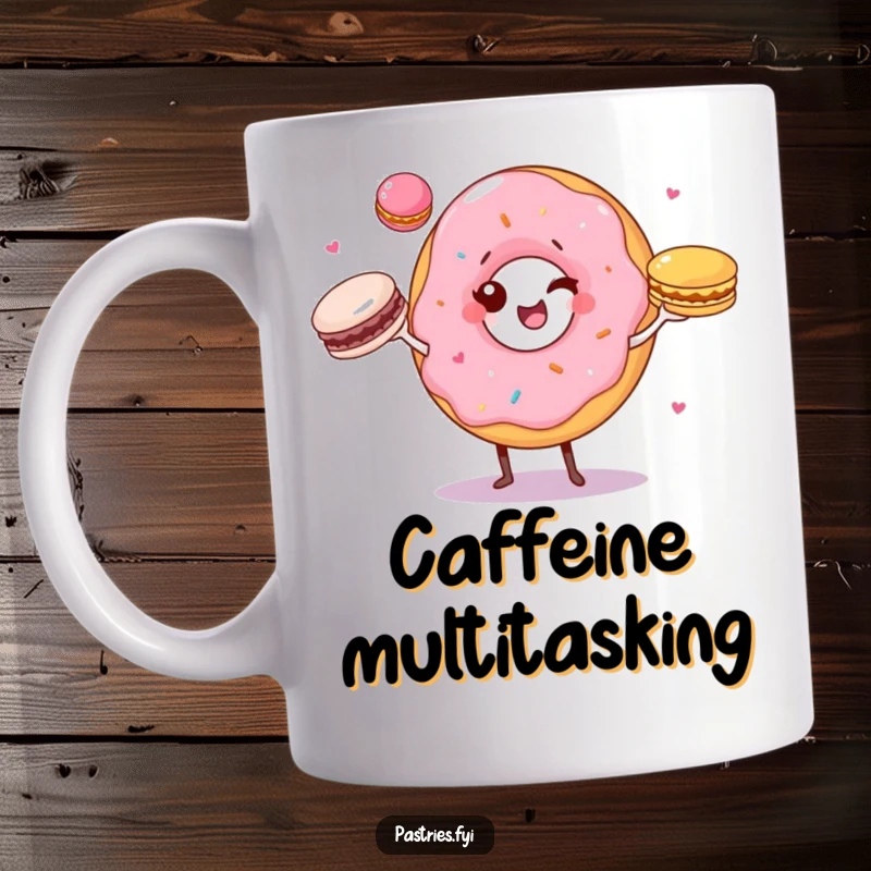 Funny mug showcasing a happy winking donut character skillfully juggling three vibrant macarons with a cheerful expression.
