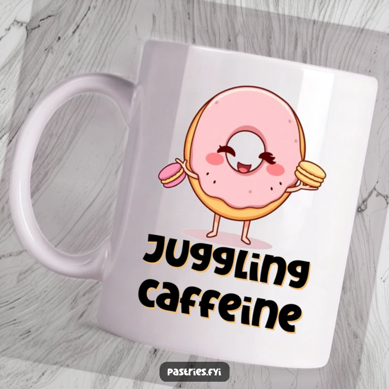 Funny Mug: A winking donut character skillfully juggling three colorful macarons, showcasing playful dexterity and charm.