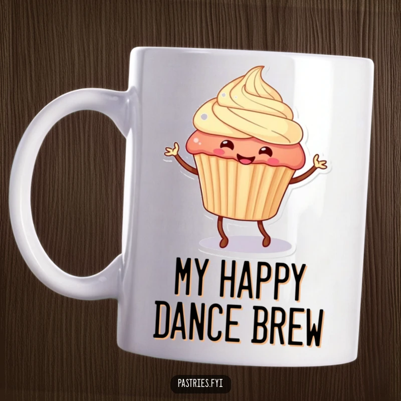 Funny cupcake character with legs happily dancing a jig, full of energy and cheer, on a white background ideal for mugs.