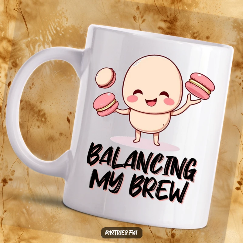 Funny macaron character giggling while juggling three smaller macarons, presented on a cheerful and humorous mug.