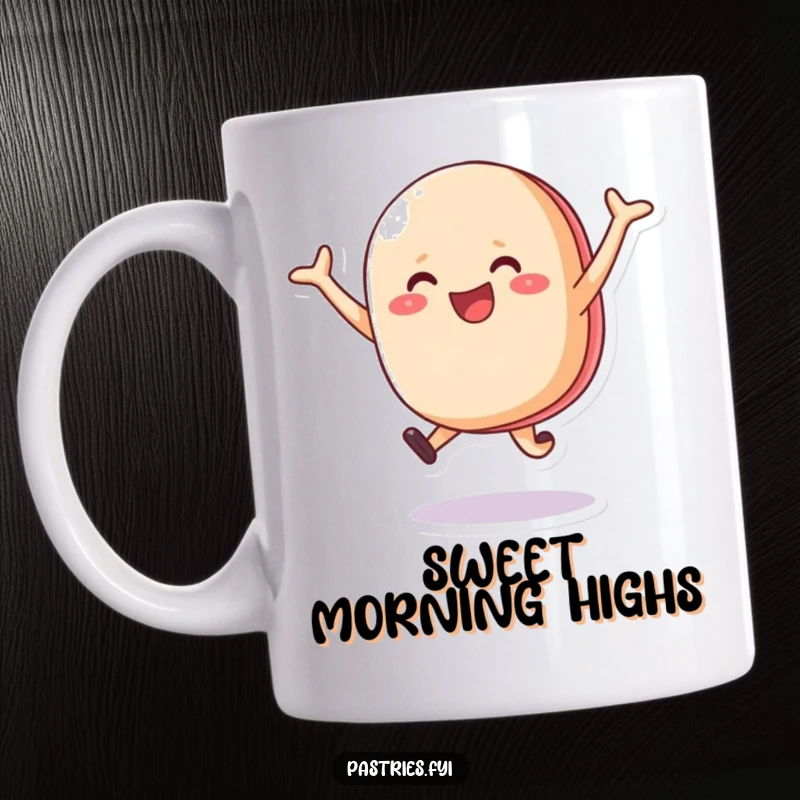 Funny happy macaron character leaping high in the air with excitement on this delightful mug, spreading pure joy.