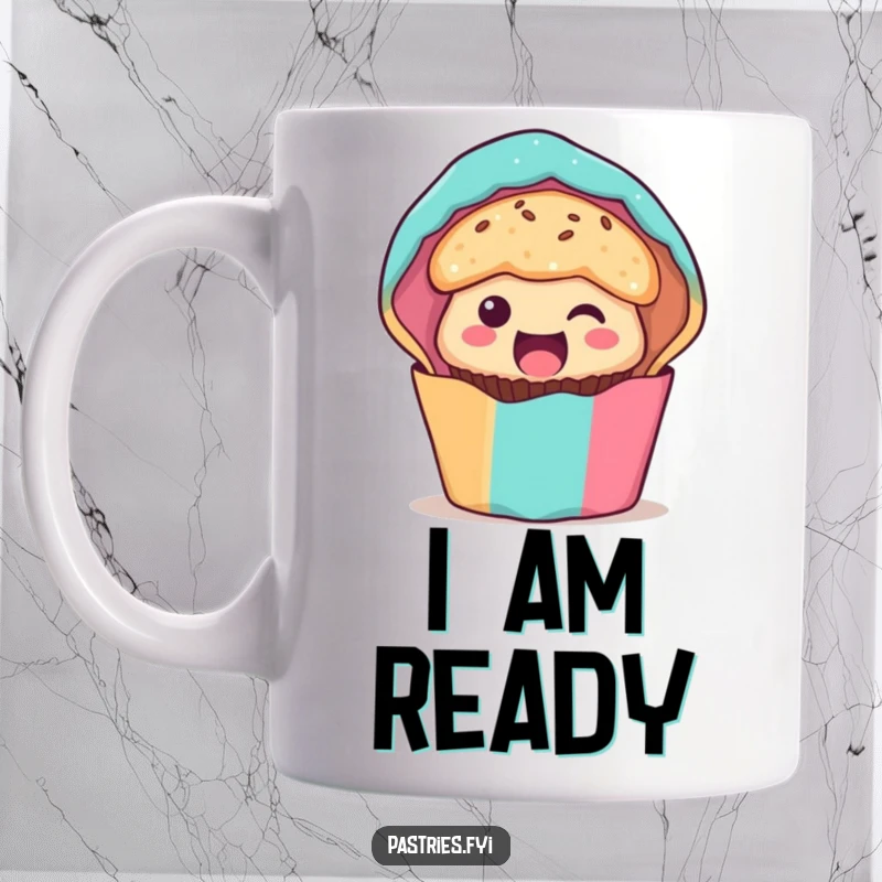 Funny muffin character mug, excitedly peeking out from a colorful wrapper, conveying cheerful anticipation and delight.