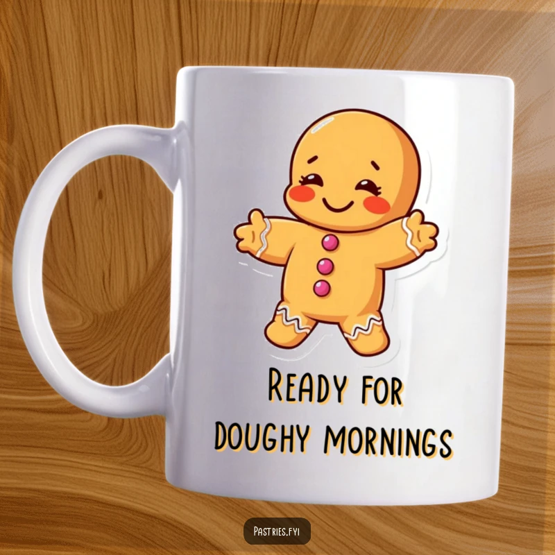 Funny mug with a chubby gingerbread man character performing a silly, exaggerated stretch, showing morning flexibility.