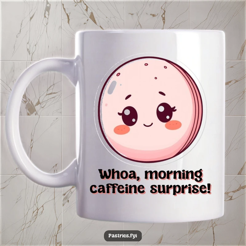 Funny mug featuring a surprised macaron character with wide-open eyes and rosy cheeks, conveying delightful shock.