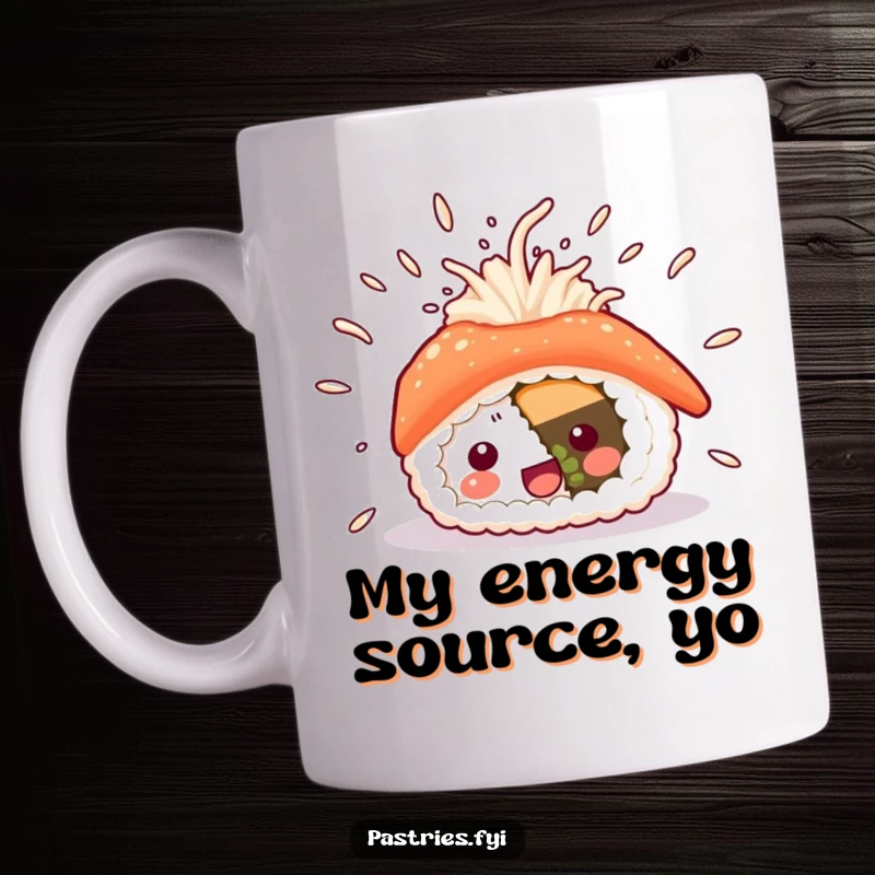 Funny sushi mug with rice flying everywhere, depicting ecstatic excitement and a love for food, perfect for your kitchen.