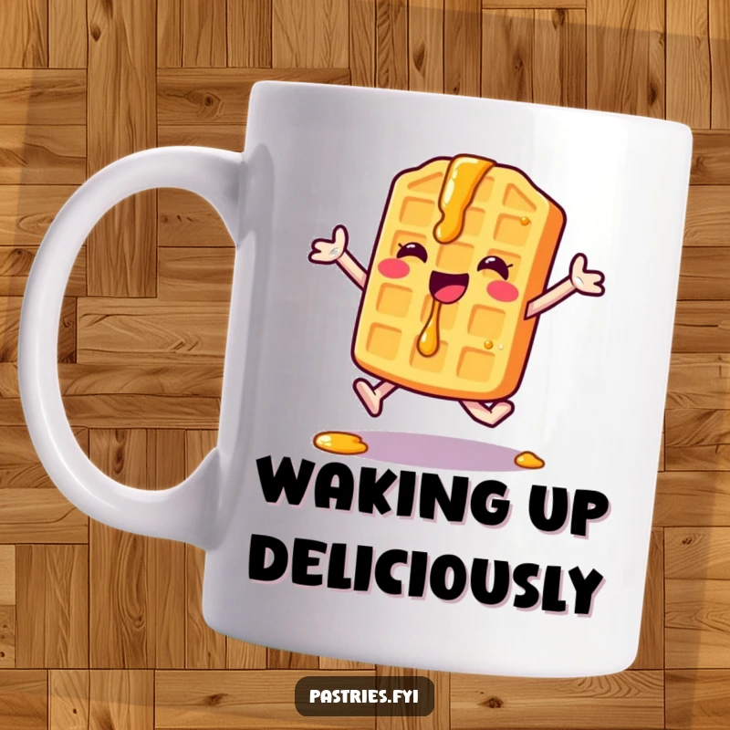 Funny Waffle Mug: A happy waffle character with syrup drips joyfully performs a jumping jack, radiating breakfast energy and fun.