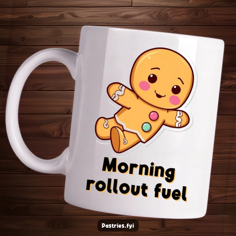 Funny mug showing a gingerbread man character with frosting buttons, joyfully tumbling forward with frosting details.
