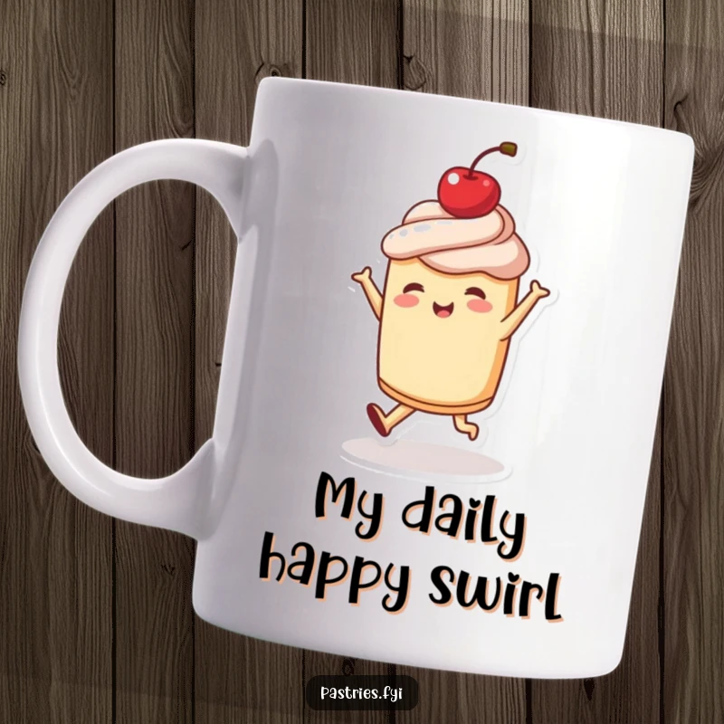 Funny mug depicting a cheerful pastry character dancing energetically with a bright cherry perched adorably on its head, a fun gift.