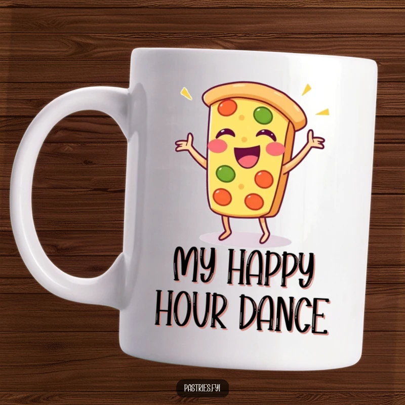 Funny pizza slice mug with a Kawaii character joyfully dancing, spreading laughter and delicious vibes.