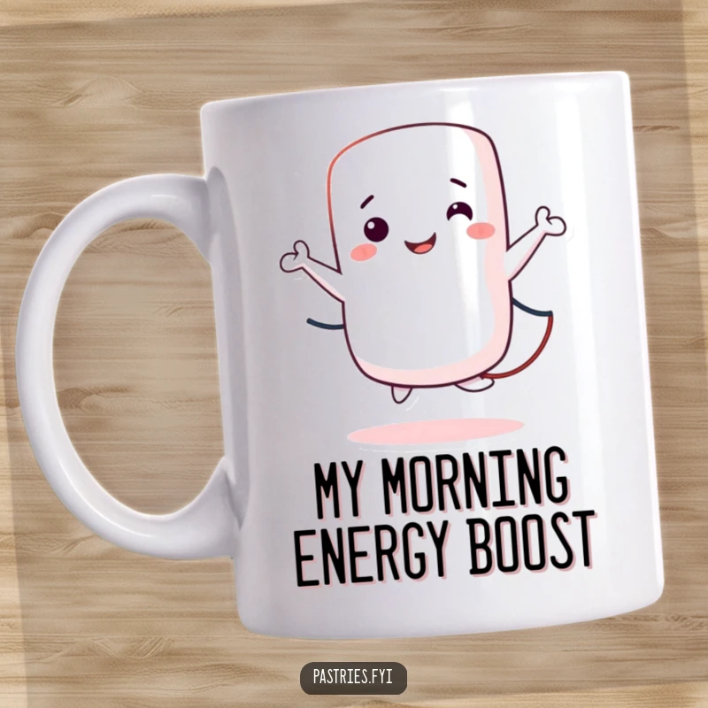 Funny Mug featuring a cheerful marshmallow character enthusiastically jumping rope, showcasing a whimsical and energetic personality.
