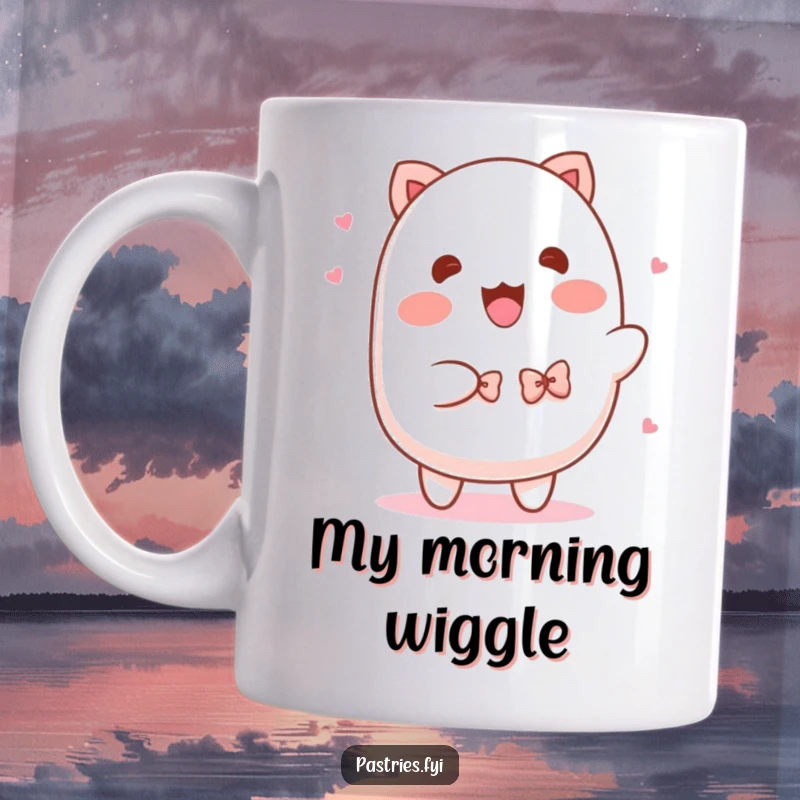 Funny Mochi Mug: A cute mochi character shimmying joyfully with tiny bowties, bringing a smile.