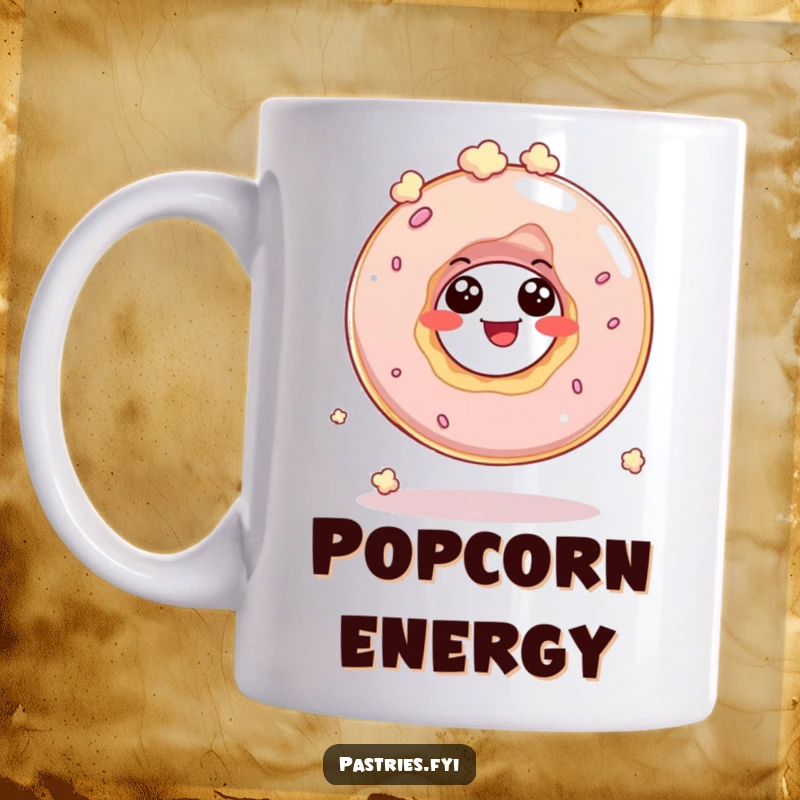Funny mug showcasing a happy, giggling donut hole character in mid-bounce, resembling popcorn popping.