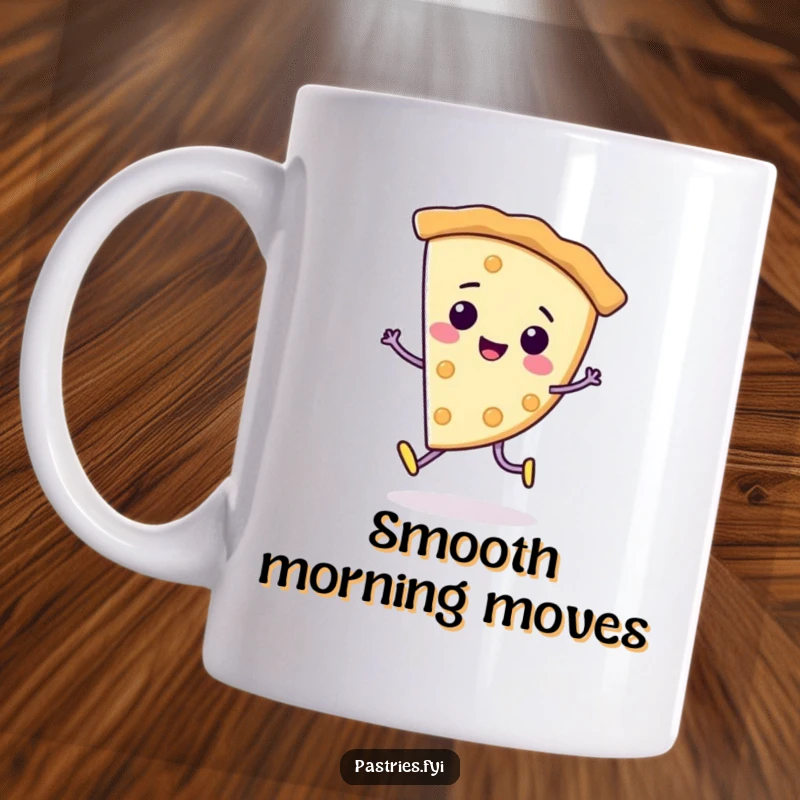 Funny Mug: A cheerful pie slice character performing a smooth moonwalk across the frame, radiating fun and rhythm.