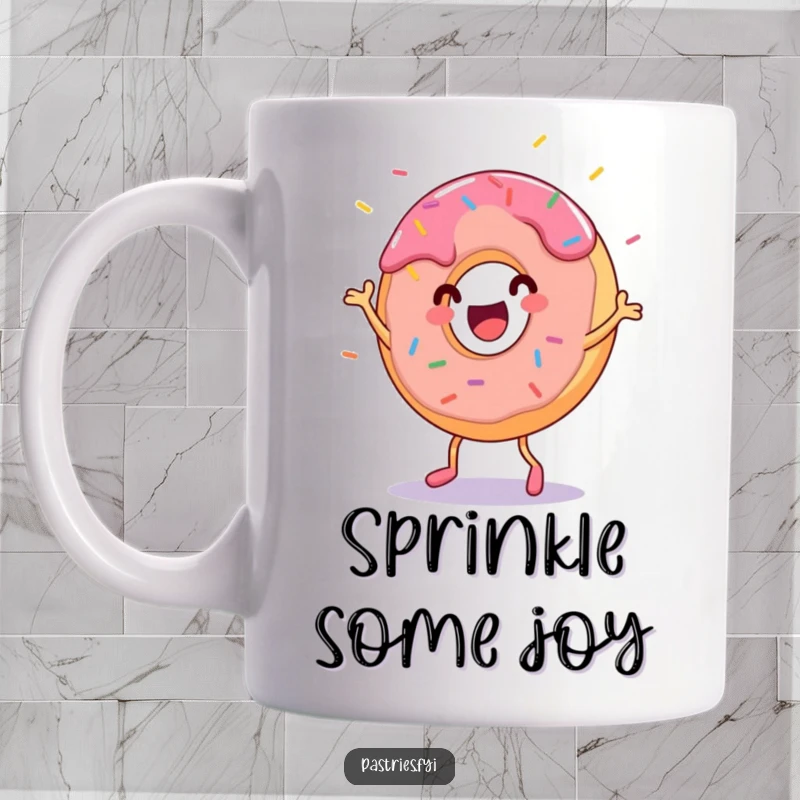 Funny cheerful donut character doing a silly dance with sprinkles flying everywhere, featured on a mug. A joyful and funny gift.