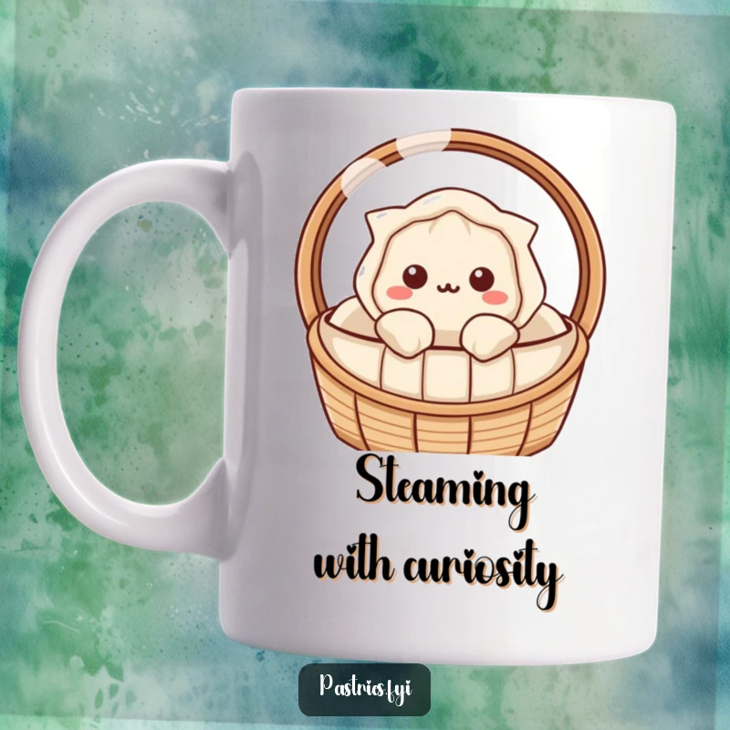 Funny dumpling mug with a curious Kawaii character peeking from a steaming basket, inviting a smile.