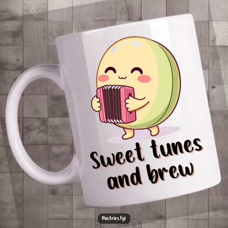 Funny Mug depicting a cheerful, round macaron character enthusiastically playing a miniature accordion with a joyful expression, radiating musical delight.