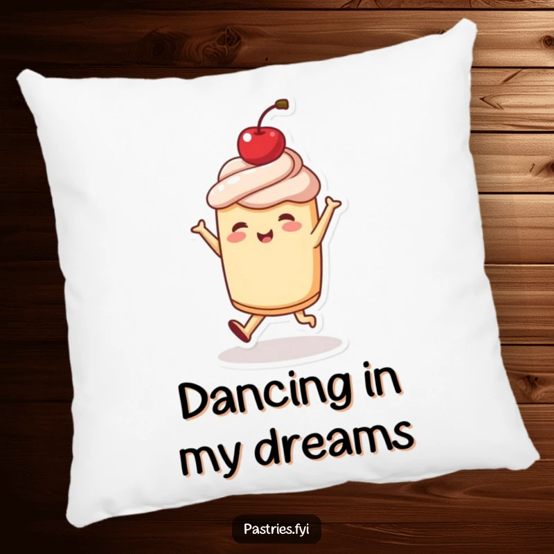 Funny pillow showcasing a joyful pastry character dancing with a cherry on top, adding a touch of humor and coziness to any room.