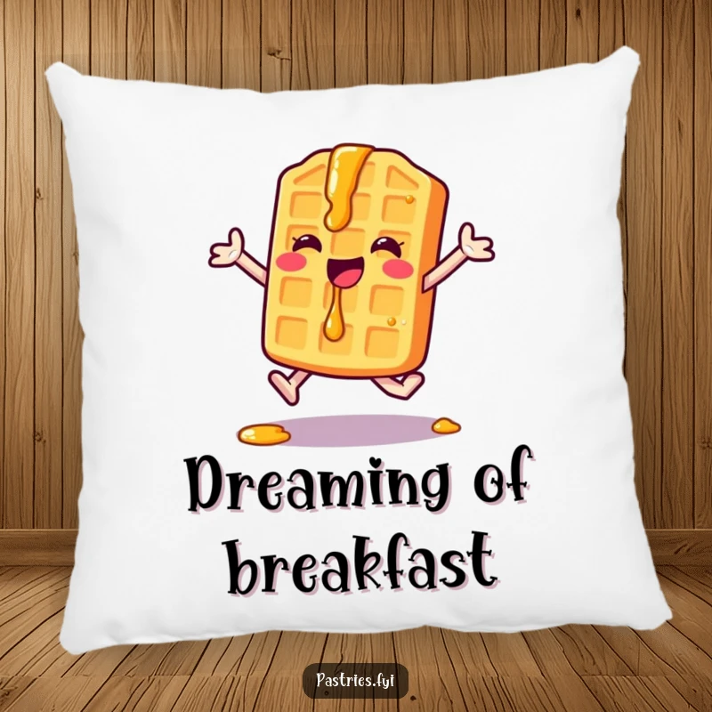 Funny Waffle Pillow: A happy waffle character performs a jumping jack with syrup drips, offering cozy comfort and a delightful breakfast theme.