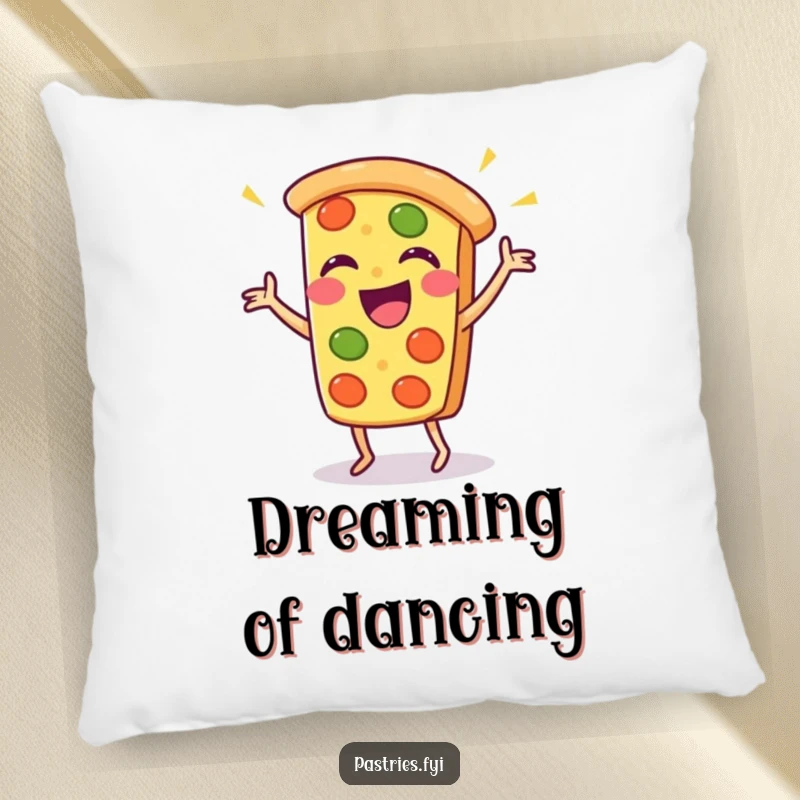 Funny pizza slice pillow with a cheerful Kawaii character engaged in a whimsical dance, soft and amusing.