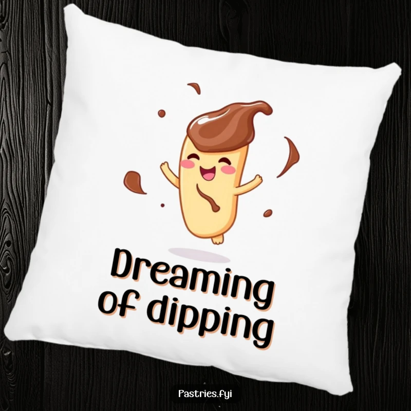 Funny pillow with a delighted churro character, coated in chocolate, captured mid-twirl with a happy expression.