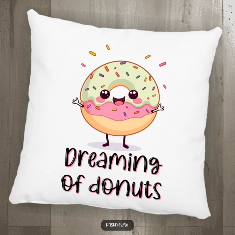 Funny pillow featuring a happy donut character juggling sprinkles, bringing sweet comfort and humor.