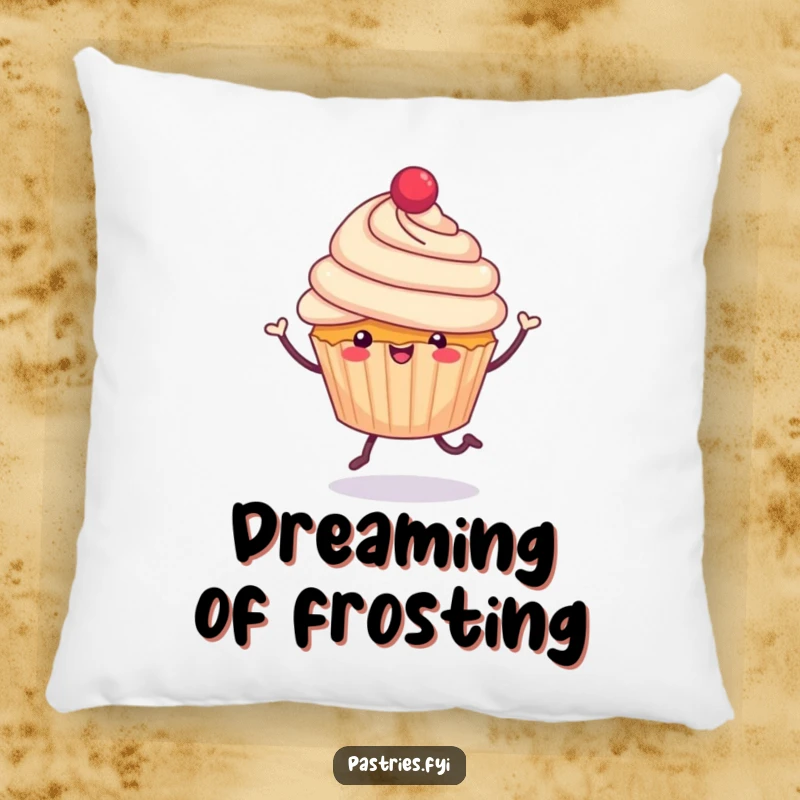 Funny cheerful cupcake with tiny legs, jubilantly hopping on a pillow, offering plush comfort and sweet humorous vibes, a perfect funny gift.