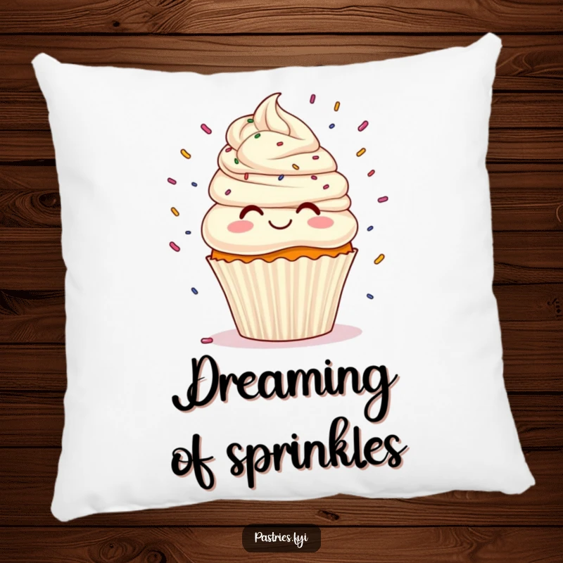 Funny cupcake with swirly frosting hair playfully juggling a colorful assortment of sprinkles, a soft and funny pillow.