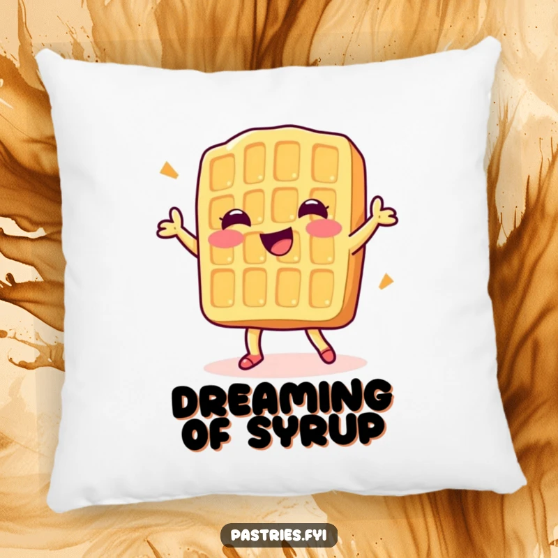 Funny pillow showcasing a delighted waffle character happily dancing, offering plush comfort and a sweet, humorous touch.