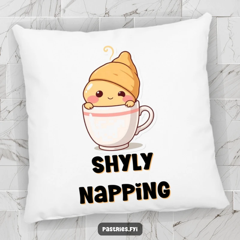 Funny blushing croissant character peeking shyly from behind a steaming coffee cup, printed on a soft, decorative pillow for comfortable, humorous lounging.