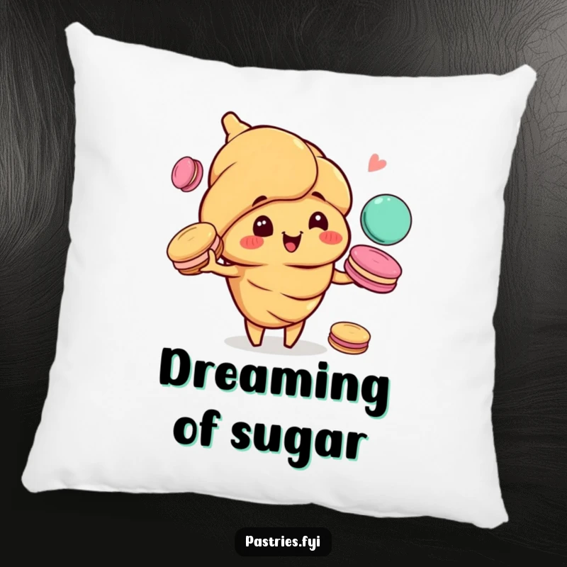 Funny pillow featuring a happy croissant character with a mischievous grin, juggling a colorful assortment of macarons.