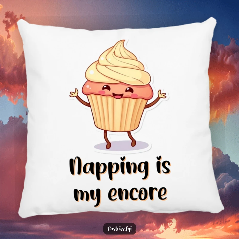 Funny, smiling cupcake character with legs doing a lively jig, printed on a soft, decorative pillow for comfortable, humorous lounging.