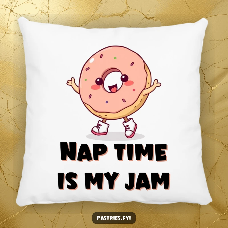 Funny plump donut in little boots doing a joyful jig, a soft, huggable, and humorous pillow.