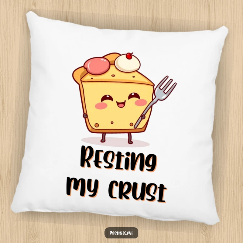 Funny pie slice character pillow, giggling with a fork in its side, offering plush comfort and comedic charm for any room.
