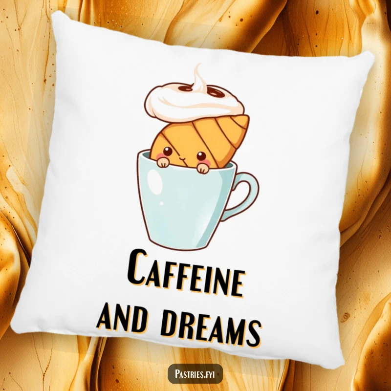 Funny shy croissant character peeking behind a coffee cup, printed on a soft, decorative pillow. A comforting and cute accent.