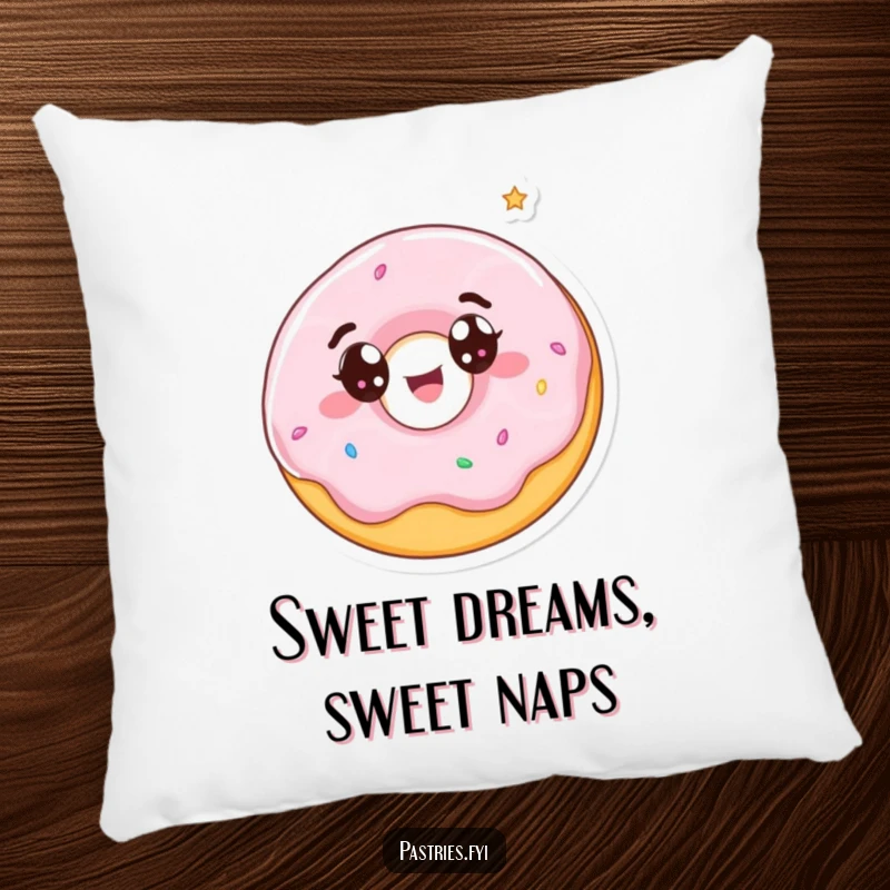 Funny pillow featuring a wide-eyed donut character spinning with delight, bringing a cozy and sweet vibe to any room.
