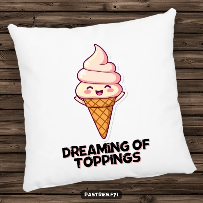 Funny throw pillow featuring a happy ice cream cone character joyfully spinning with a look of sweet contentment.