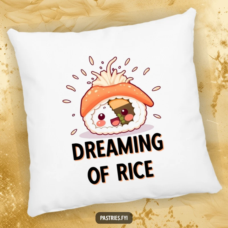 Funny sushi pillow with a cheerful sushi character and airborne rice particles, bringing cozy comfort and a burst of excitement to any room.
