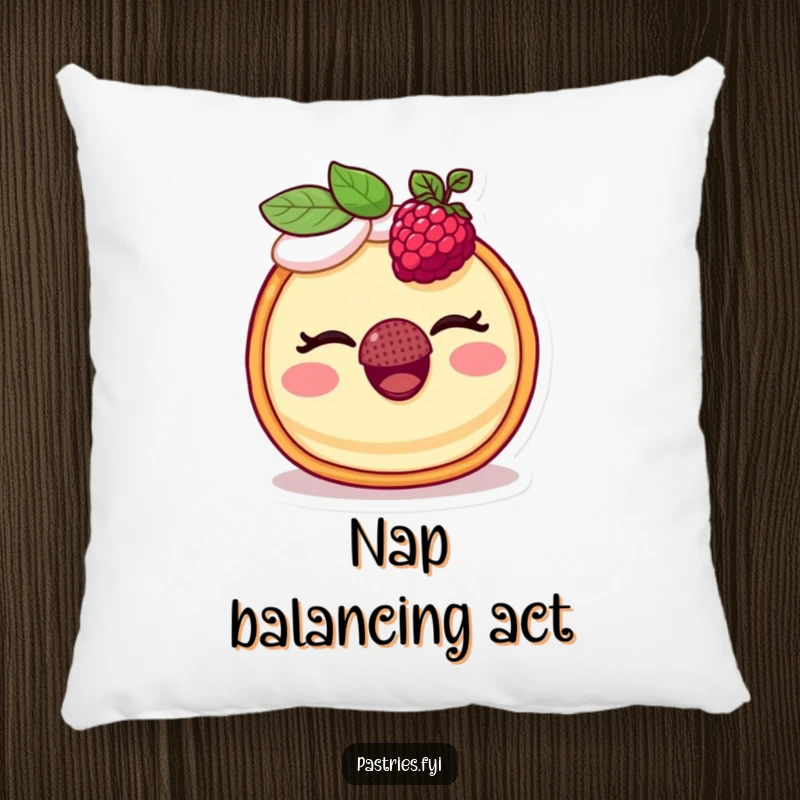 Funny pillow featuring a cheerful tart character winking playfully, balancing a raspberry on its nose for a cozy, humorous touch.