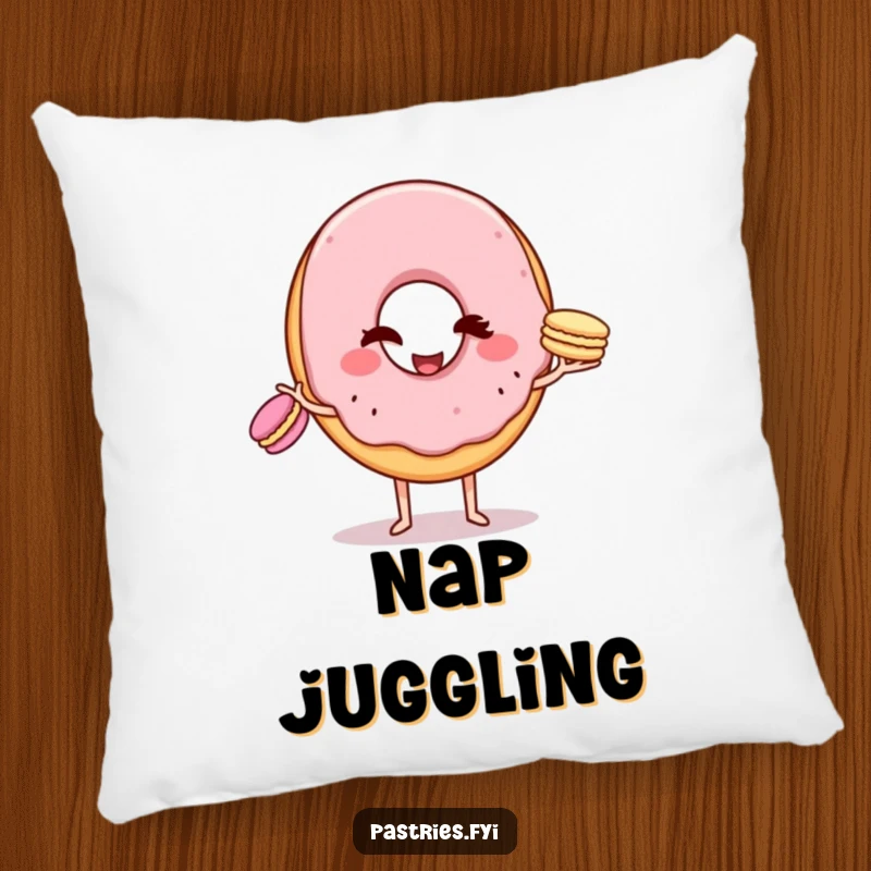 Funny Pillow: A winking donut character attempting to juggle three macarons, adding a humorous and decorative touch to any room.