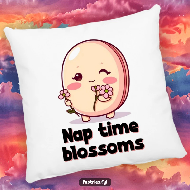 Funny Macaron Pillow: A shy, blushing macaron character holding a delicate tiny flower, bringing sweet comfort.