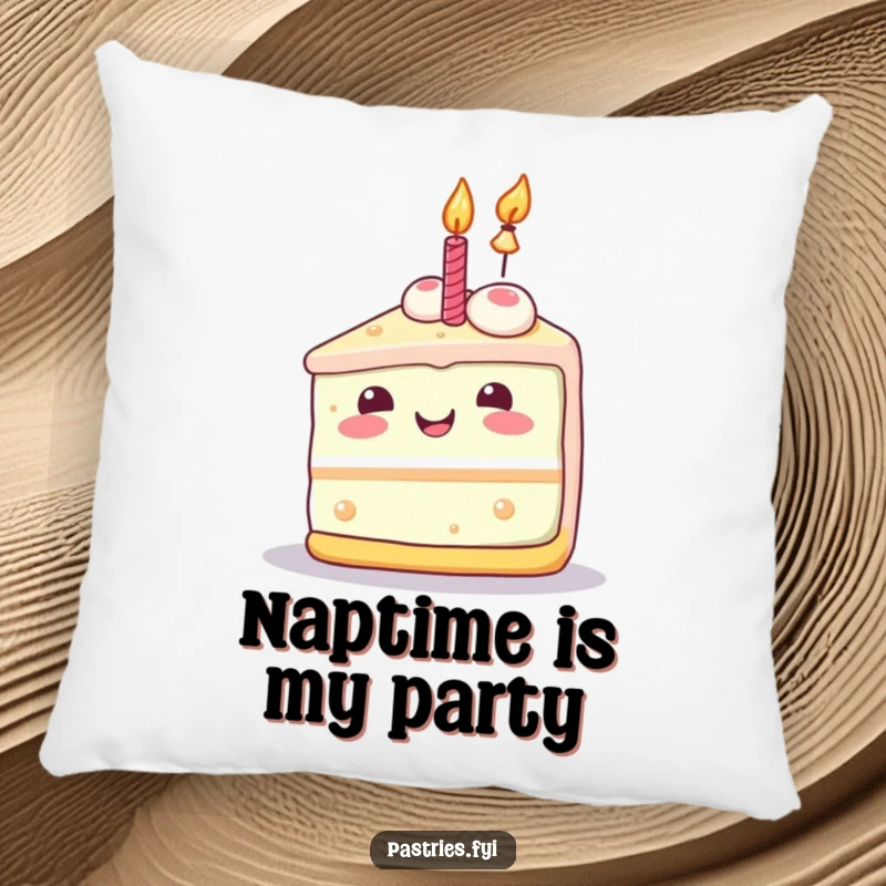 Funny cake slice pillow with a joyful Kawaii character and lit candle, soft and perfectly celebratory.