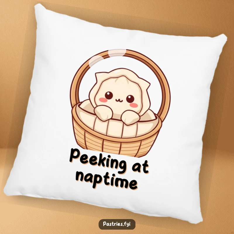 Funny dumpling pillow with a Kawaii character peeking out, providing soft comfort and a touch of playful inquiry.