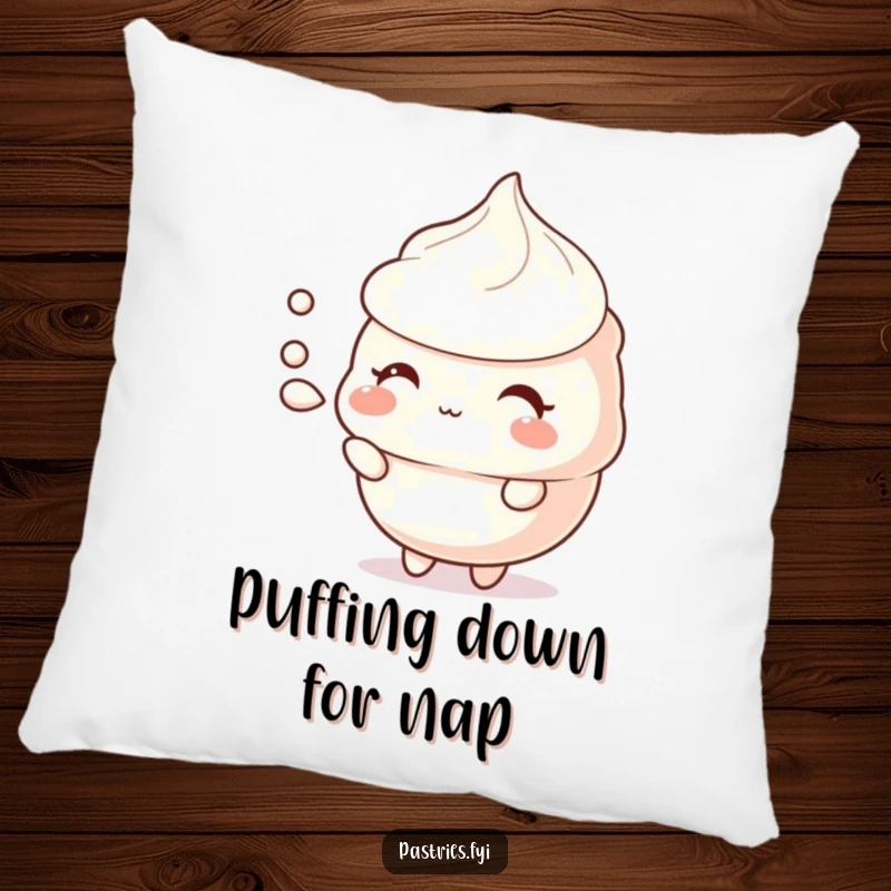 Funny meringue pillow with a shy character puffing air, offering cozy comfort and delicate dessert humor.