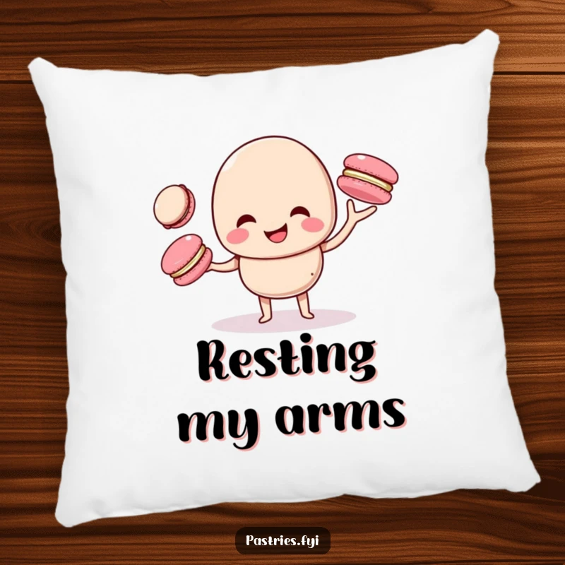 Funny macaron character giggling while juggling smaller macarons, printed on a soft, decorative pillow for comfortable, humorous lounging.