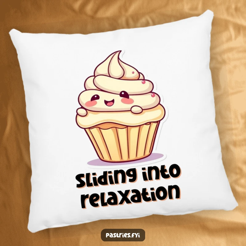 Funny pillow showcasing a giggling cupcake character sliding happily on a swirl of frosting, adding a touch of humor and coziness to any room.