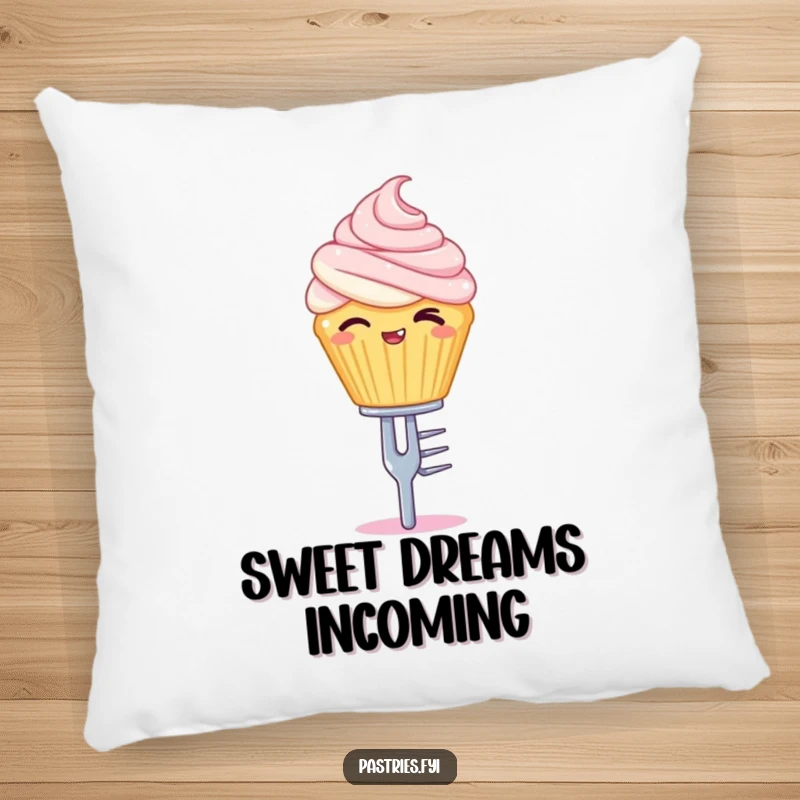 Funny pillow showcasing a winking cupcake character expertly balancing on a tiny silver fork, perfect for cozying up.