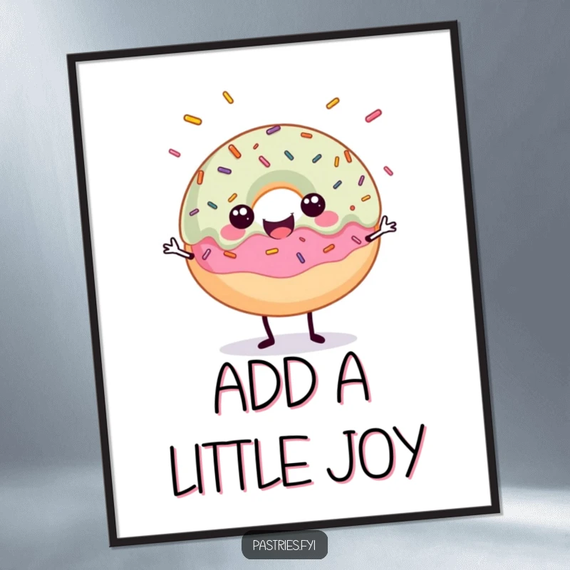 Funny digital art print of a happy donut character juggling colorful sprinkles, conveying pure sugary joy.