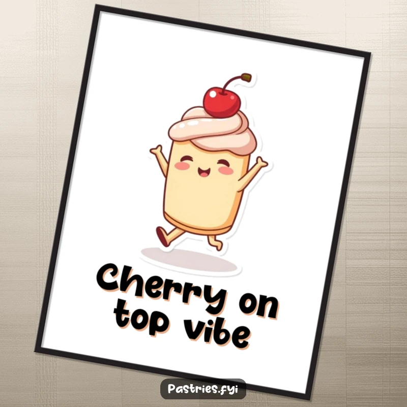 Funny digital art print of a joyful pastry character dancing with a cherry on top, creating instant humorous wall decor for any space.